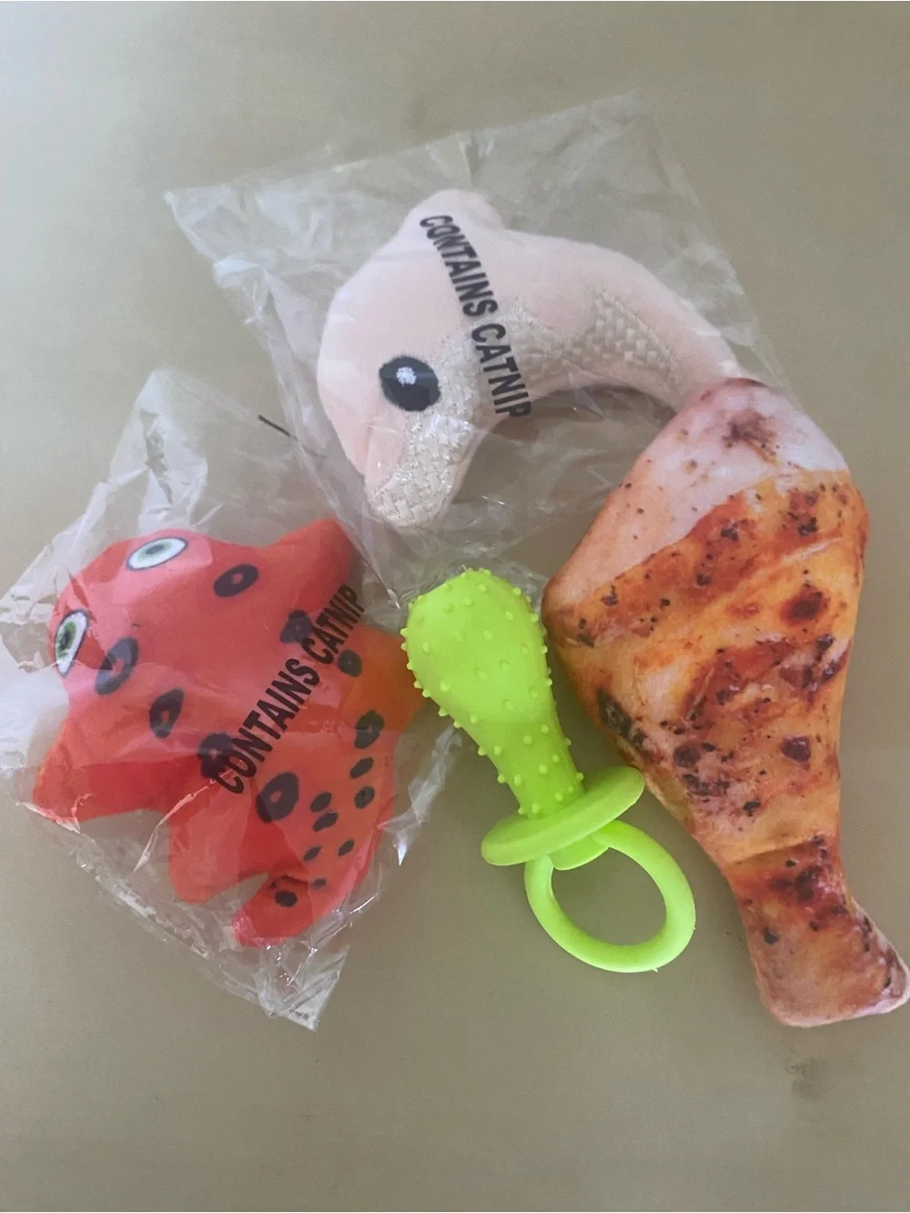 Catnip Plush Toy Trio - Pink Dolphin, Red Octopus & Green Teether for Cats